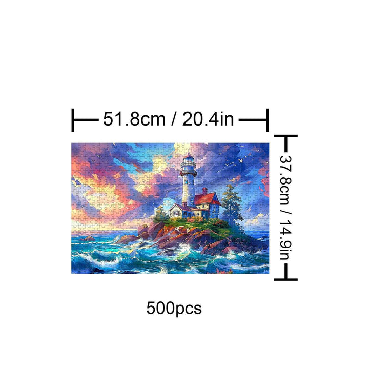 Lonely Island Lighthouse 500-piece puzzle showcasing a vibrant scene of a lighthouse by the sea, designed for jigsaw puzzle enthusiasts.