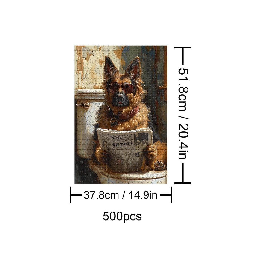 Handsome German Shepherd 500 piece puzzle showcasing a dog reading a newspaper, perfect for jigsaw puzzle enthusiasts.
