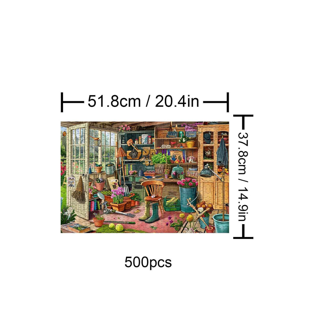 Messy Warehouse 500-piece jigsaw puzzle showcasing a cluttered workspace with shelves, plants, and tools.