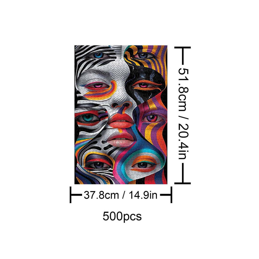 Psychedelic Splicing 500-piece jigsaw puzzle featuring vibrant, abstract faces for mind games and enhanced focus.