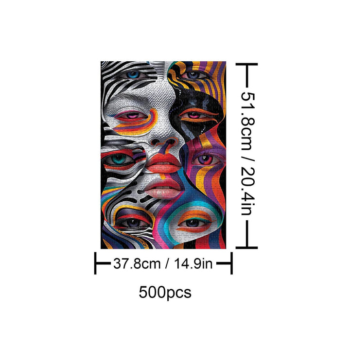 Psychedelic Splicing 500-piece jigsaw puzzle featuring vibrant, abstract faces for mind games and enhanced focus.