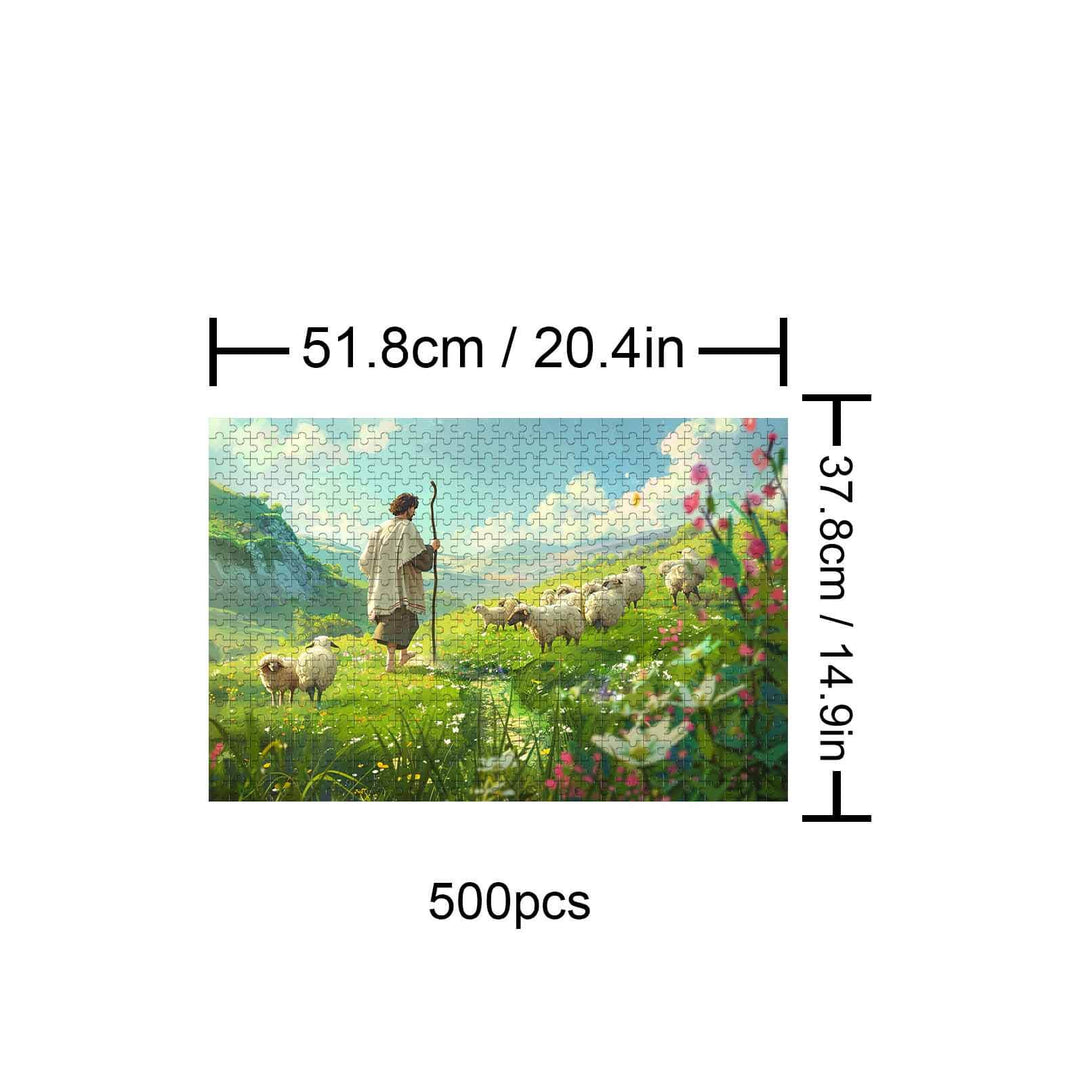 Sacred Grassland 500-piece puzzle, featuring a serene landscape with a herder and sheep, designed for mind games.