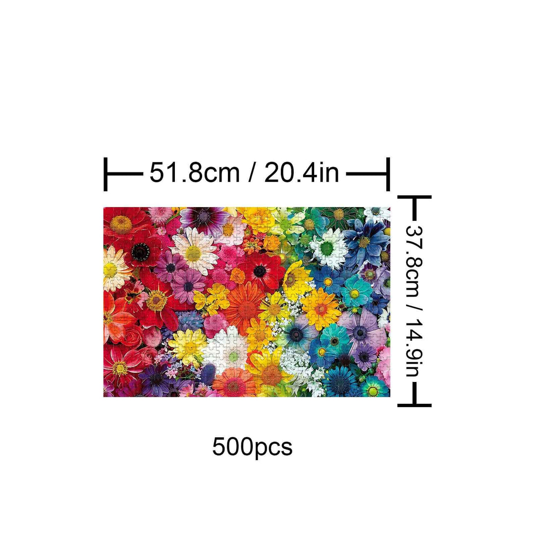 Colorful Flowers 500 piece jigsaw puzzle showcasing vibrant blooming flowers for a fun mind game experience.