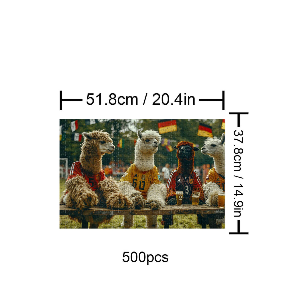 Alpaca Audiences 500 piece puzzle featuring adorable alpacas in colorful jerseys, perfect for mind games and focus.