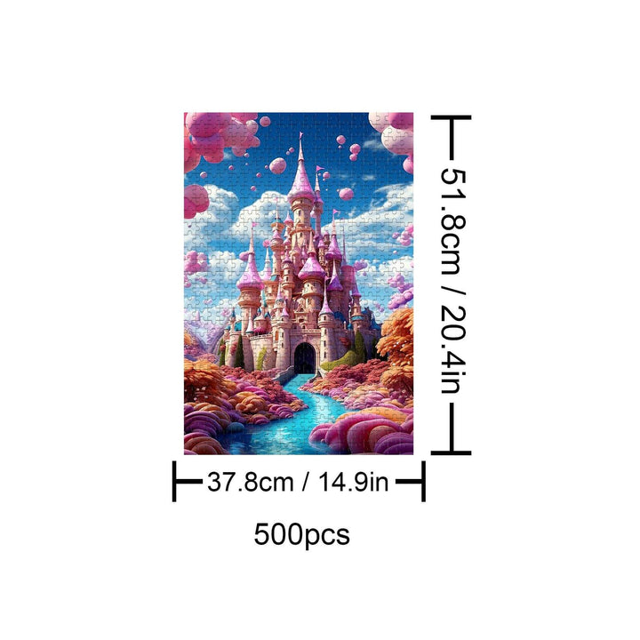 Dream Castle 500 piece puzzle image showcasing a colorful castle surrounded by whimsical clouds and vibrant scenery.