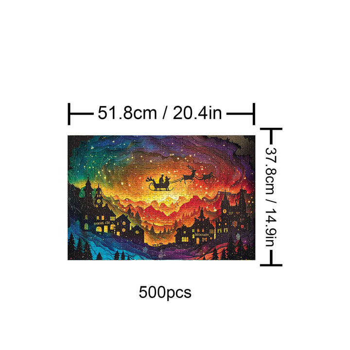 Christmas Eve 500-piece puzzle featuring a colorful night sky with Santa and his sleigh over a snowy village.