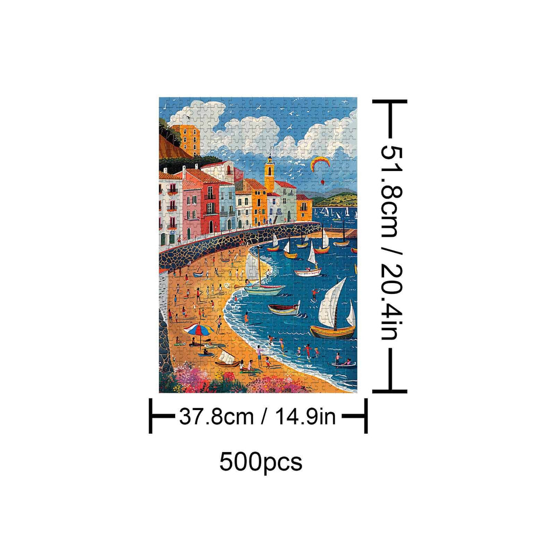 City Beach 500-piece puzzle showcasing vibrant coastal scene with boats and people on the beach, perfect for relaxation and focus.