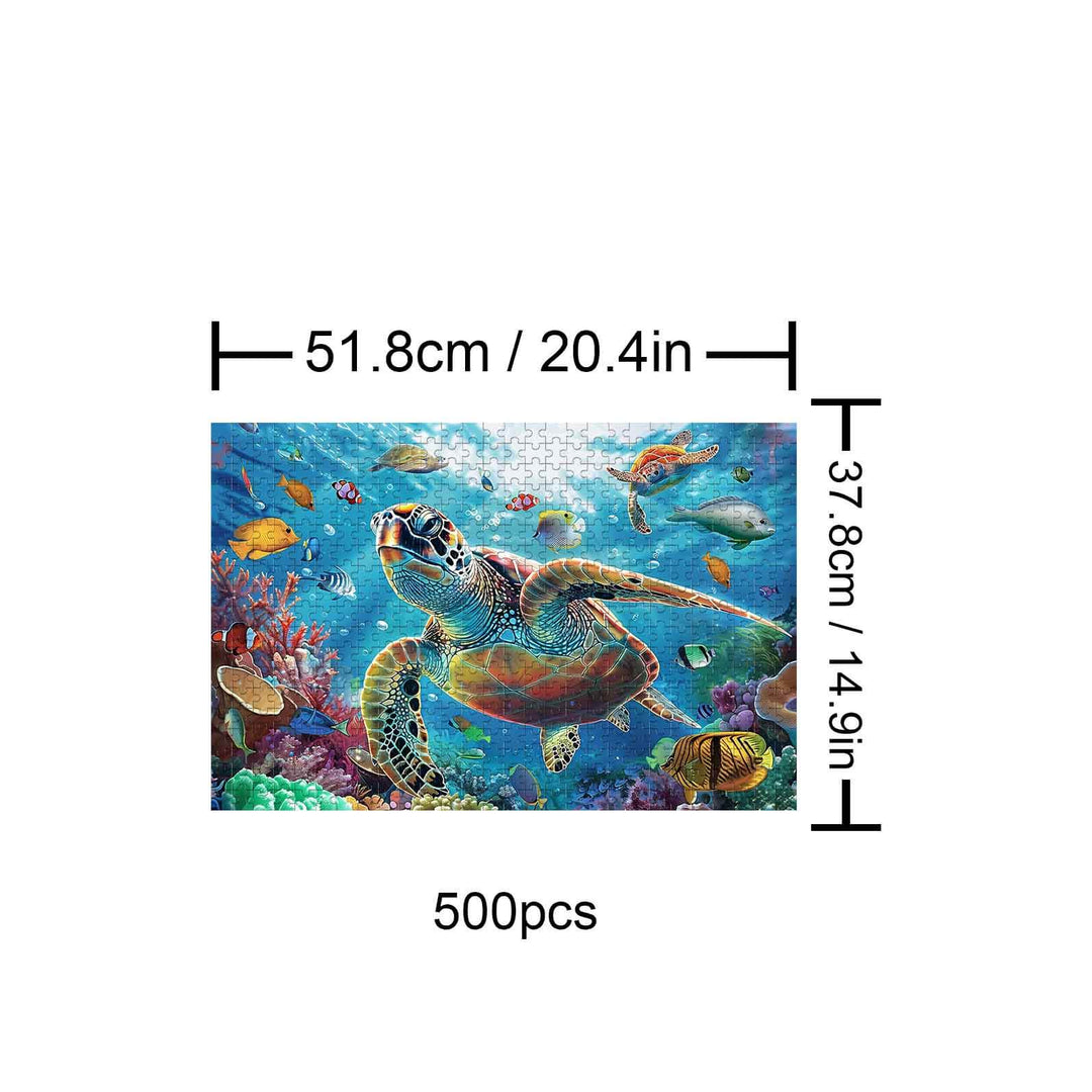 Underwater World 500 piece puzzle featuring a sea turtle and vibrant marine life for focus and smart play.