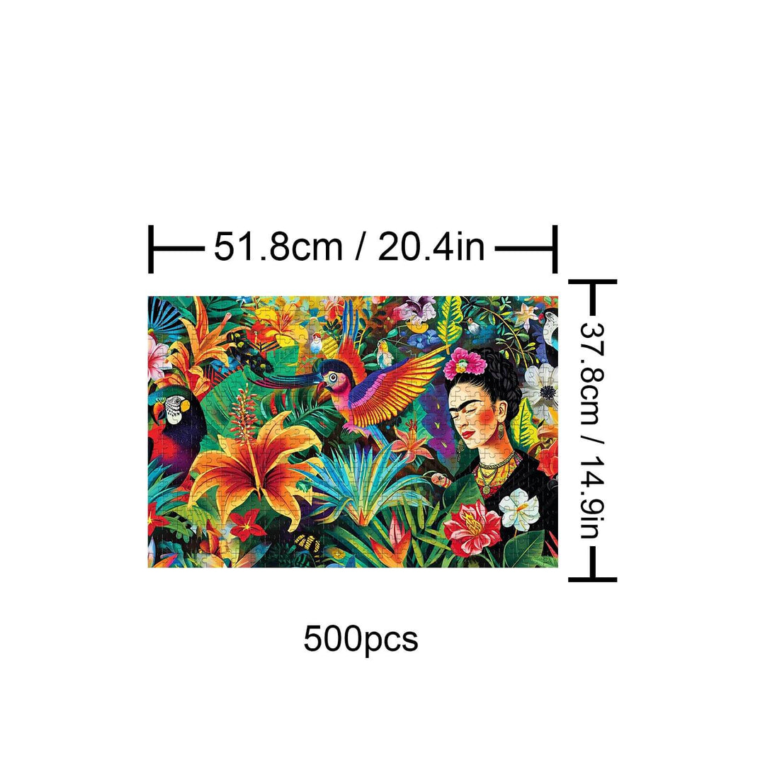 A Cluster of Flowers 500 piece puzzle with vibrant colors, featuring tropical plants and a serene figure amidst nature.