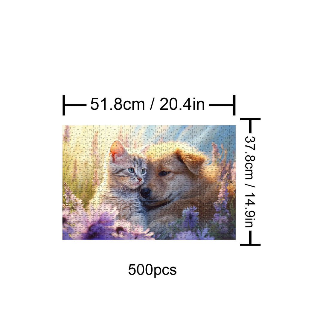 Childhood Sweethearts 500-piece puzzle featuring a cat and dog in a floral scene, promoting mindfulness and cognitive skills.