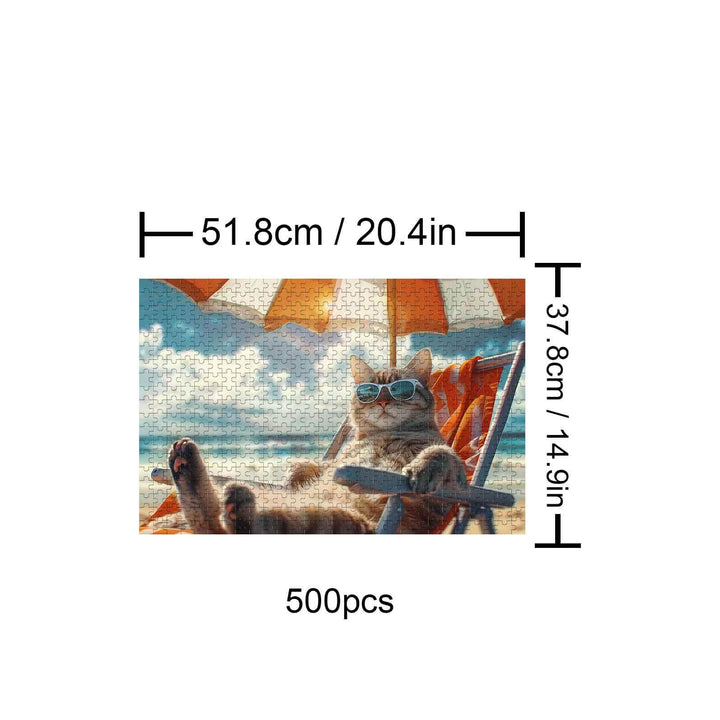 Holiday Cat 500 Piece Puzzle featuring a relaxed cat on the beach with sunglasses and an umbrella.