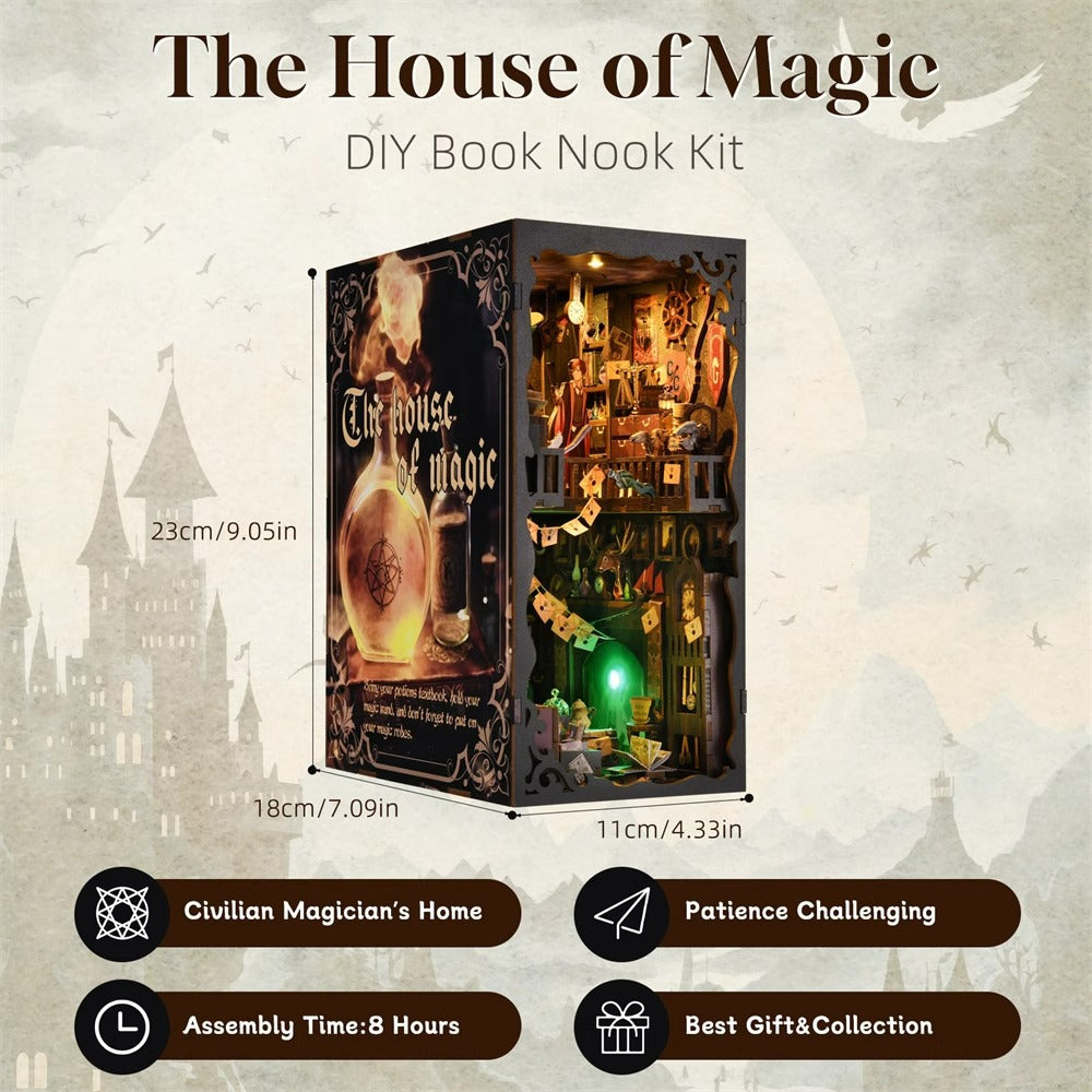 The House of Magic DIY Book Nook Kit, detailed wooden puzzle featuring a magician's home, 9.05in tall.