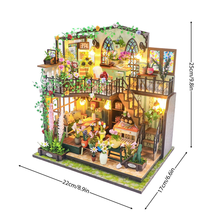Daisy's Flower Room DIY dollhouse kit with intricate design, colorful flowers, and illuminated indoor scene, 3D wooden puzzle.