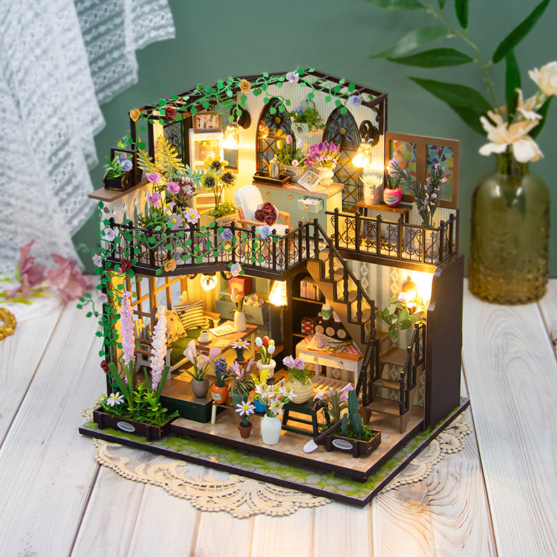 Daisy's Flower Room DIY dollhouse kit, 3D wooden puzzle with intricate details and warm lighting.
