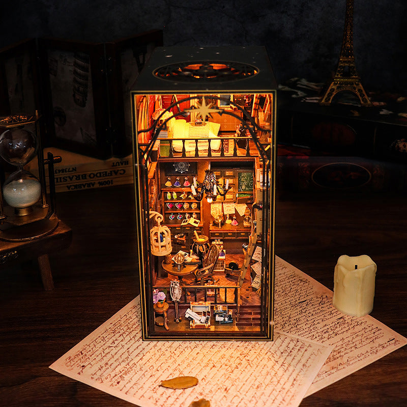 Magic Pharmacist DIY Book Nook Kit featuring intricate wooden design, lighting, and musical elements.