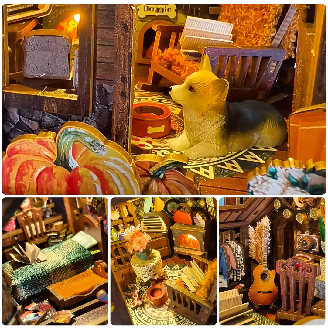 Cozy interior of Twilight Cottage DIY book nook kit featuring a dog, pumpkins, and colorful decor.