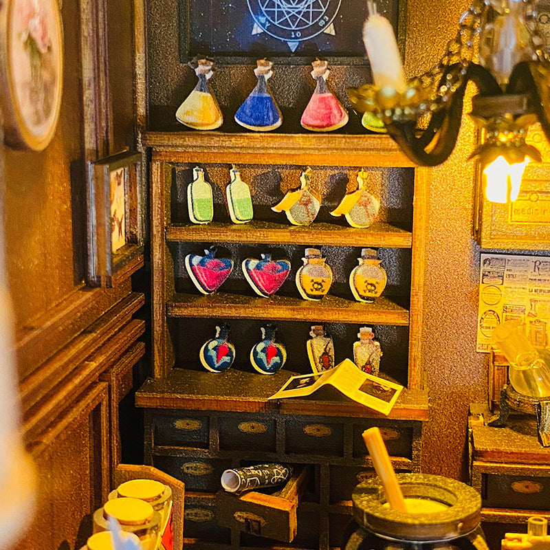 Detailed view of a magical pharmacist's potion shelf with colorful flasks, potions, and alchemical tools in a cozy nook.