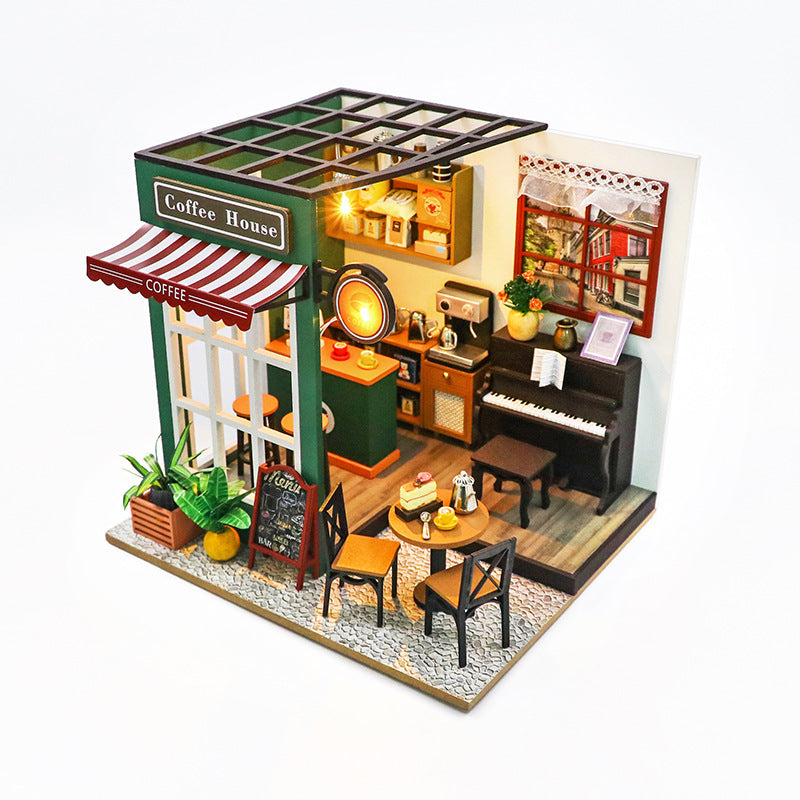 3D wooden puzzle of a cozy coffee house dollhouse with furniture and accessories, perfect for DIY enthusiasts.