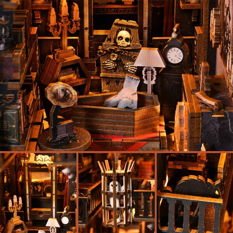Detailed interior design of the Dark Family DIY Book Nook Kit featuring musical elements and ornate furniture.