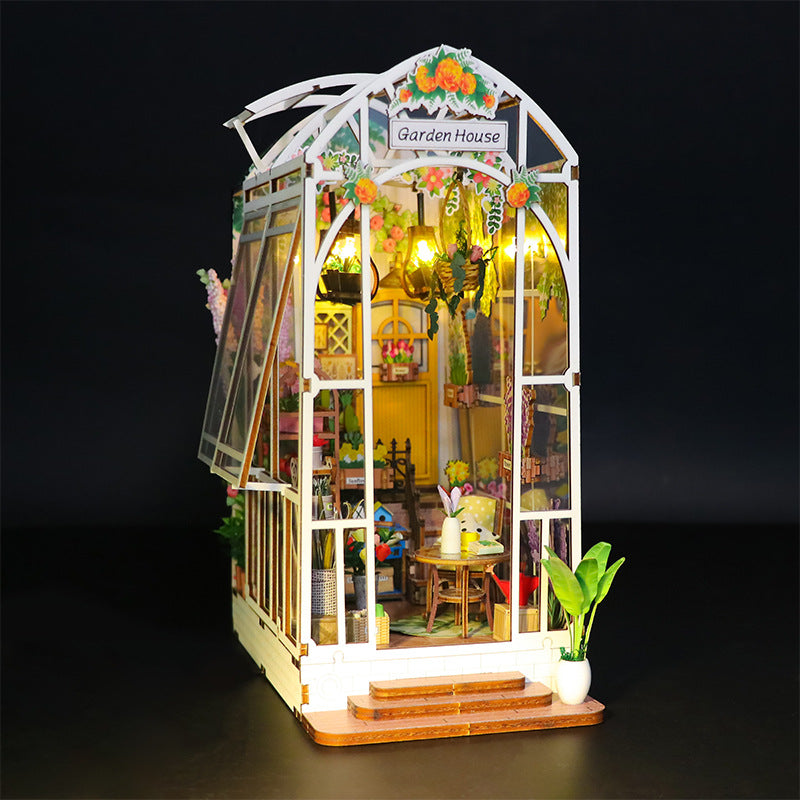 3D wooden puzzle Garden House DIY book nook kit featuring intricate design and musical theme decor