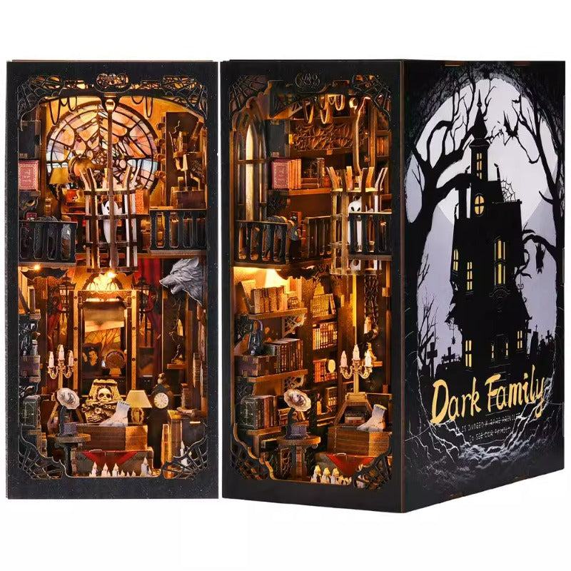 Dark Family DIY Book Nook Kit featuring intricate 3D wooden puzzle design with musical theme and detailed decor.