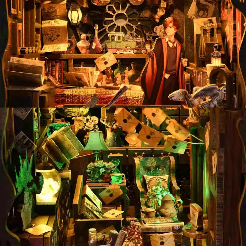 3D wooden puzzle DIY book nook kit featuring a magical research room with intricate details and musical elements.