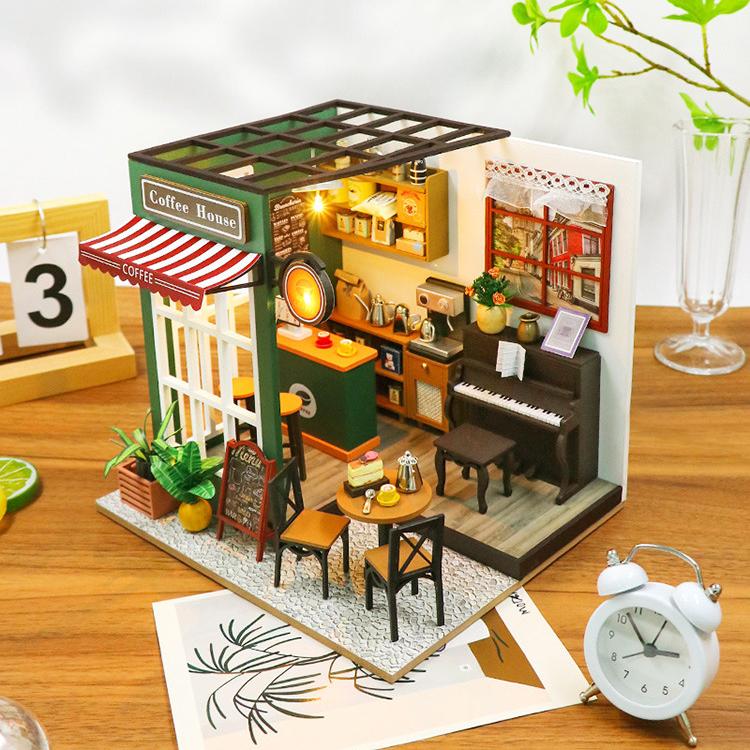 Lucky Cafe House DIY Dollhouse Kit with detailed coffee shop interior and miniature furniture, perfect for creative building.