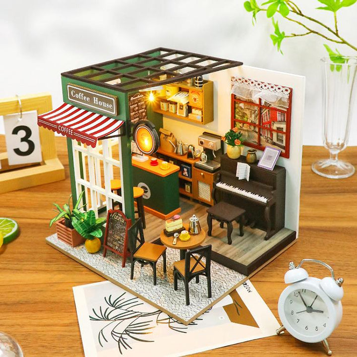 Lucky Cafe House DIY Dollhouse Kit with detailed coffee shop interior and miniature furniture, perfect for creative building.