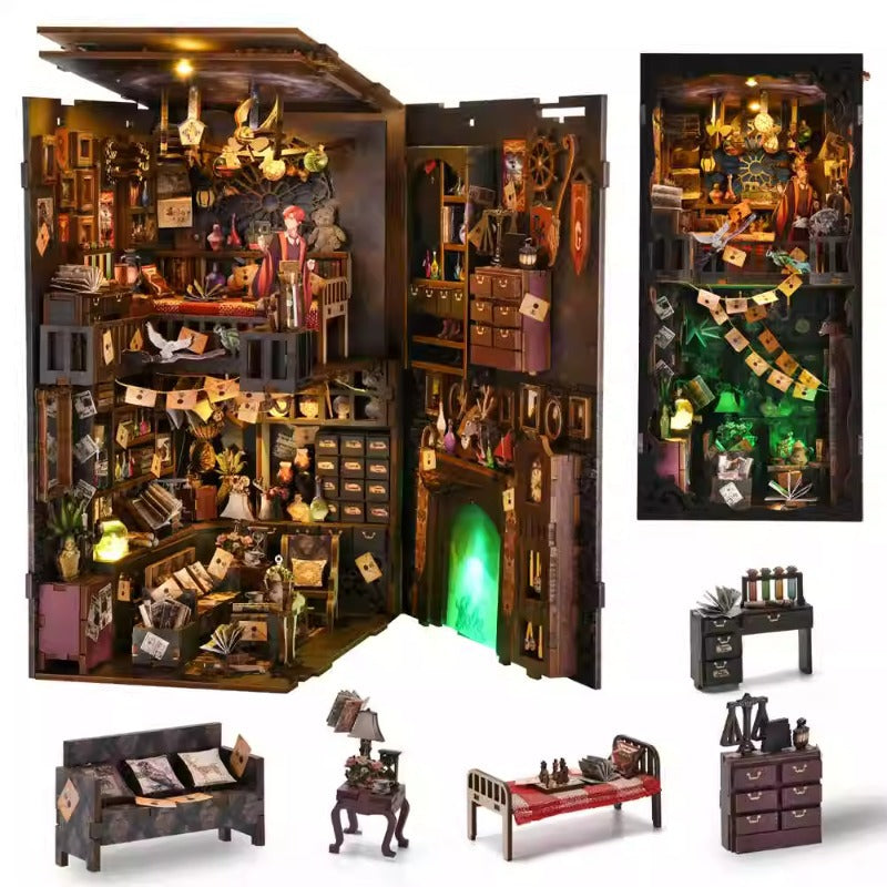 Magic Apprentice's Research Room DIY Book Nook Kit with detailed 3D wooden puzzle design and music theme.