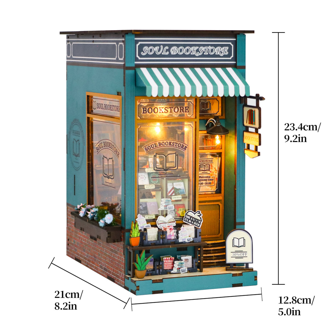 Soul Book Store DIY Book Nook Kit, a detailed 3D wooden puzzle with musical elements and warm lighting.