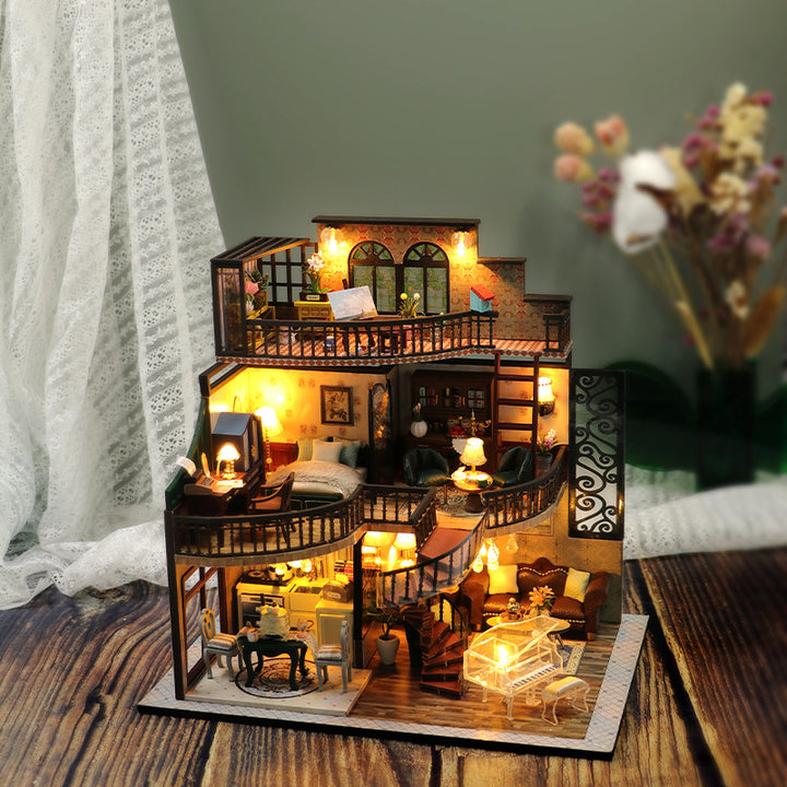 Retro Residence DIY Dollhouse Kit showcasing a beautifully lit 3D wooden puzzle with intricate interior design details.