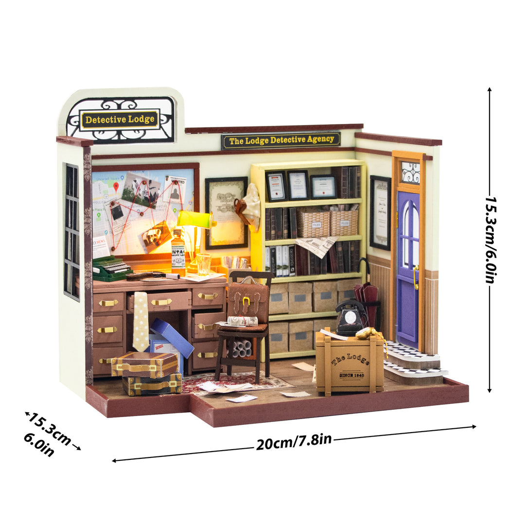 Magic Detective Agency DIY dollhouse kit showing a detailed detective lodge with furniture and decor.