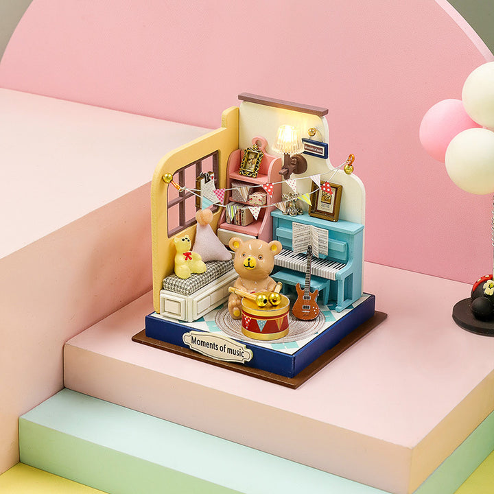 Colorful DIY music-themed miniature scene featuring playful bears, instruments, and decorative elements.