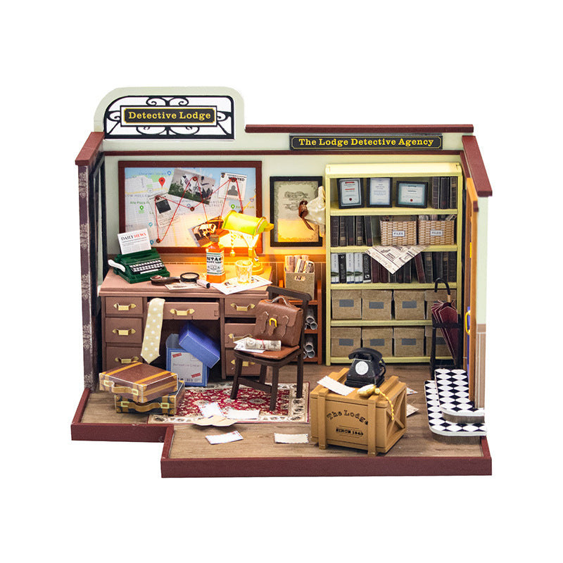 Magic Detective Agency DIY dollhouse kit showcasing a detailed miniature detective lodge interior.