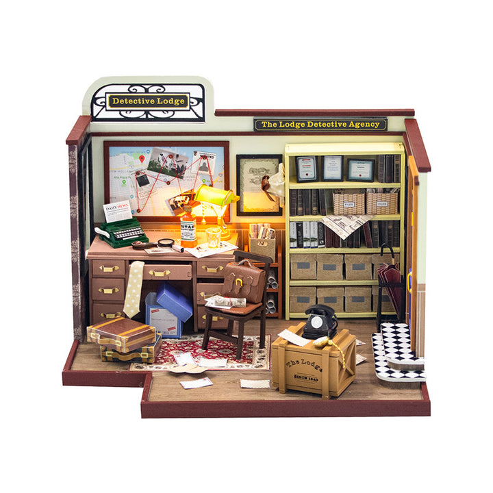 Magic Detective Agency DIY dollhouse kit showcasing a detailed miniature detective lodge interior.