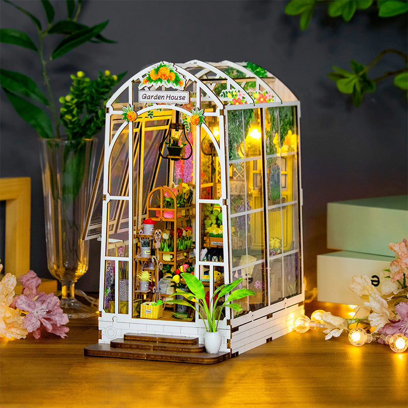 Garden House DIY book nook kit 3D wooden puzzle featuring detailed design, lighting, and music elements.