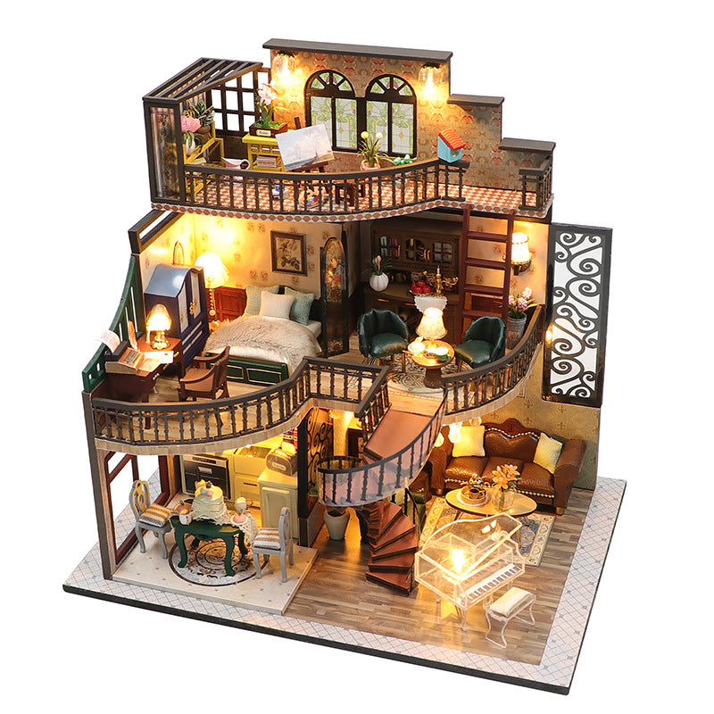 3D wooden puzzle DIY dollhouse kit with furnished interior and stairs, suitable for ages 14+, fun miniatures for creativity.