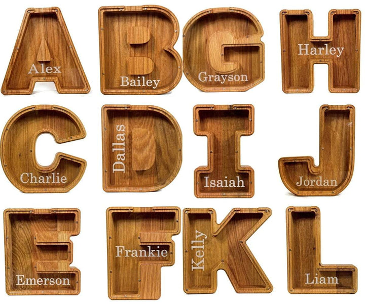 Personalized wooden letter trays featuring names for kids, perfect for money savings and organizing belongings.
