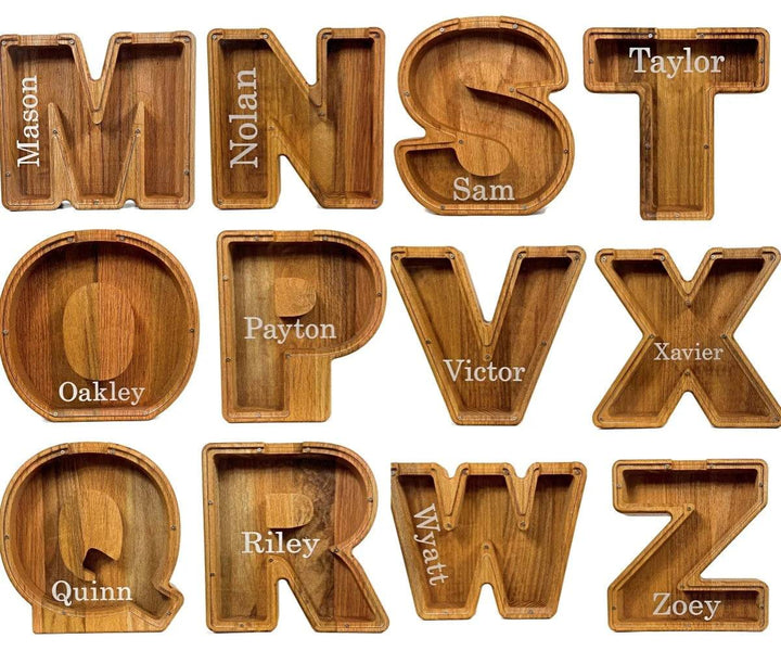 Personalized wooden alphabet letters arranged in a grid, ideal for kids' names or nursery decor.