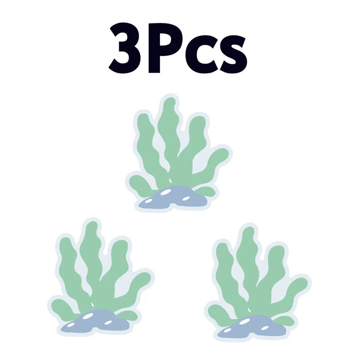 Three colorful seaweed designs ideal for decor or crafts, showcasing vibrant green and blue hues.