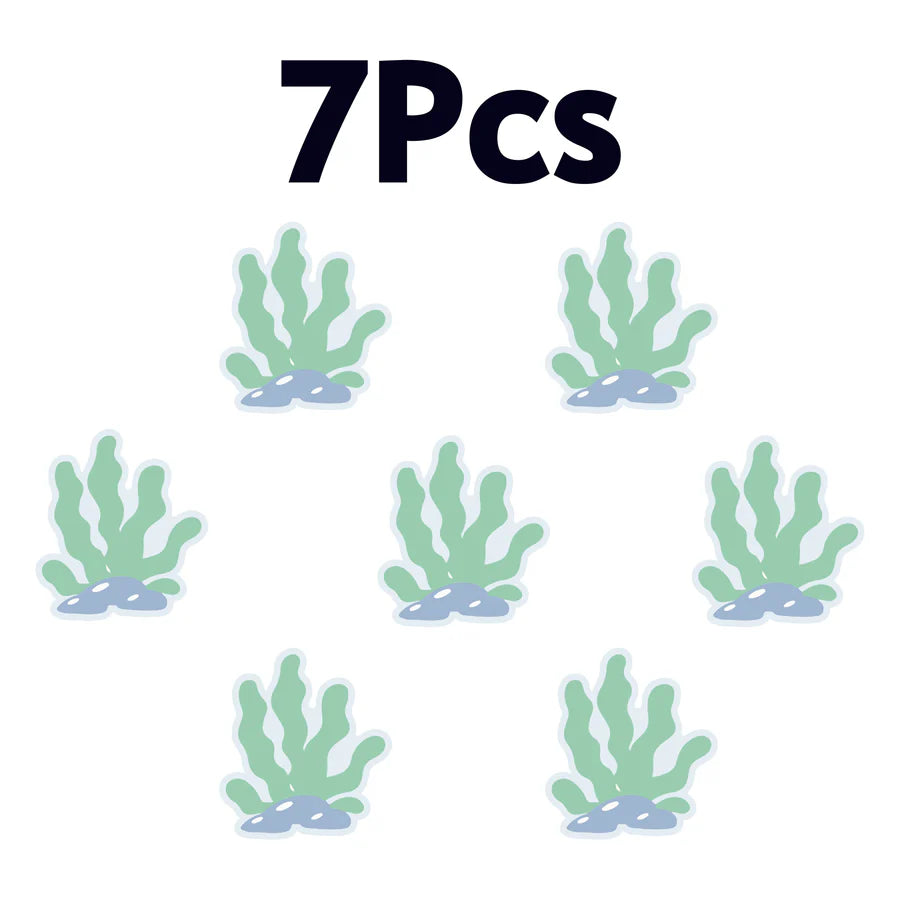 Set of 7 colorful seaweed stickers with green leaves and blue bases, perfect for craft projects.