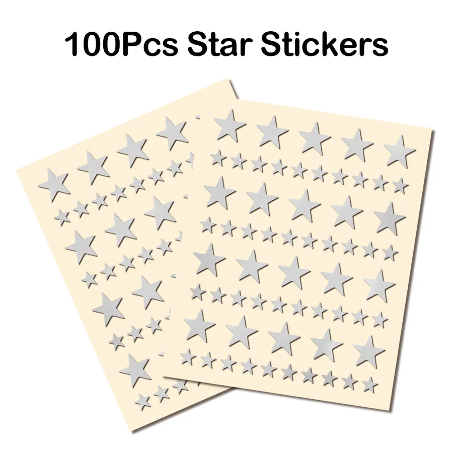 100 pieces of silver star stickers on sheets, perfect for crafts, school projects, and decorations.