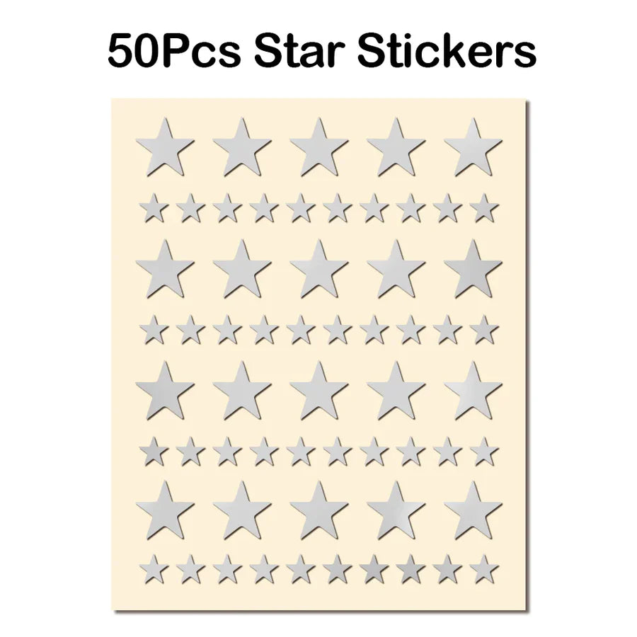Sheet of 50 silver star stickers, perfect for crafts and decorating.