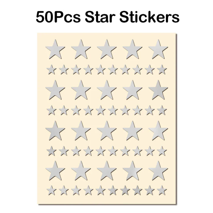 Sheet of 50 silver star stickers, perfect for crafts and decorating.