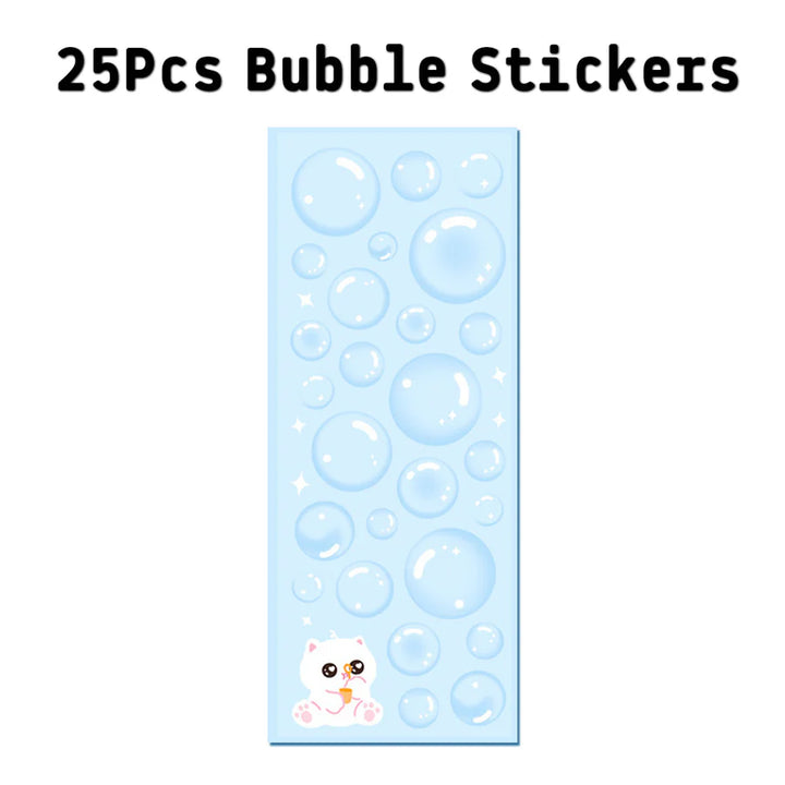 25 pieces of water bubble stickers on a blue background featuring various bubble designs and a cute character.