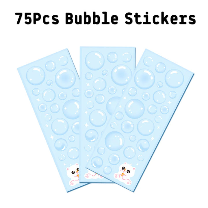 75-piece water bubble stickers on light blue sheets, ideal for crafts and decoration.