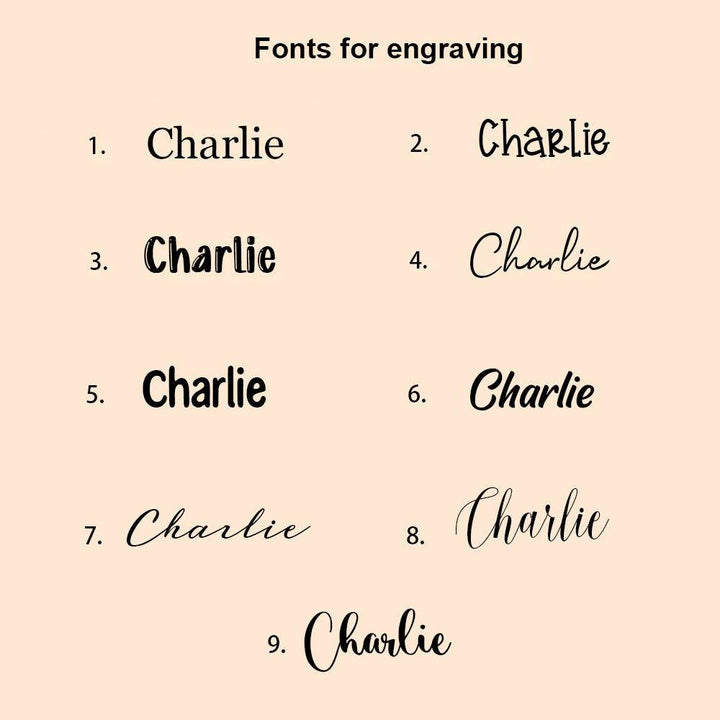 Fonts available for engraving the name Charlie on personalized piggy banks, showcasing 9 unique styles.