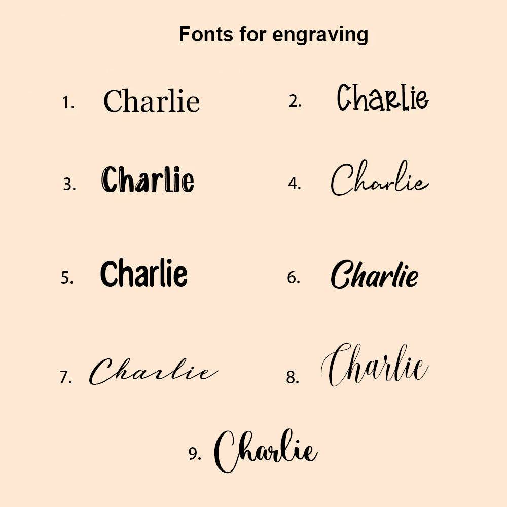 Different font options for engraving the name Charlie on personalized products.