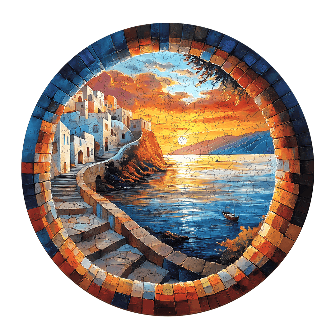 Capri Wooden Jigsaw Puzzle featuring a picturesque sunset view over the coastline and charming white buildings.