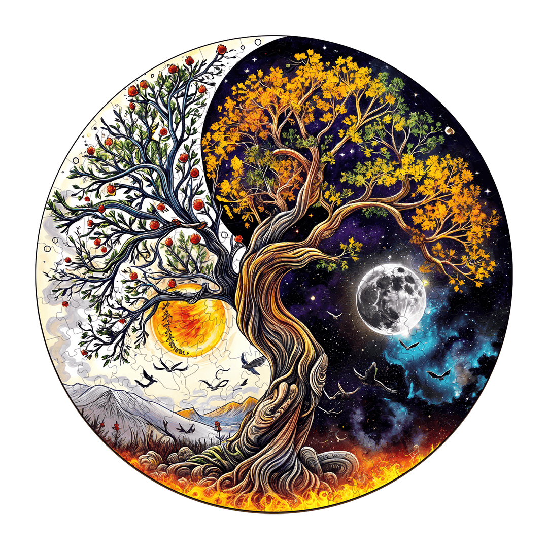 Sun and Moon Tree of Life wooden jigsaw puzzle featuring vibrant seasonal elements and cosmic designs.